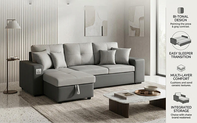 Vienna Two-Tone Convertible L-Shaped Sofa Bed with Storage Chaise (Grey)
